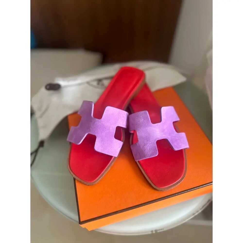 Authentic HERMES Suede Goatskin Oran Sandals size 37 in Violet Parme - Picture 5 of 11
